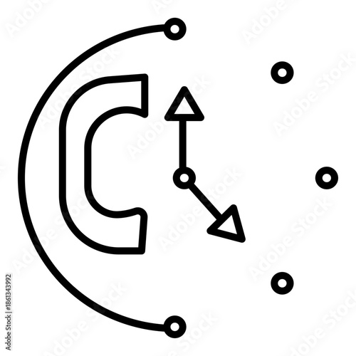 Minimalist line art icon of a phone receiver and a clock, symbolizing professional communication, appointment scheduling, and round-the-clock technical support.