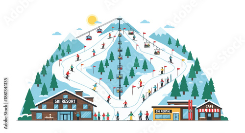 A bustling, animated ski resort vista featuring a snowy mountain adorned with skiers, snowboarders, lifts, a lodge, rentals, and a cozy cafe.