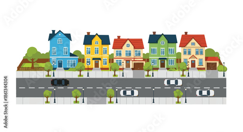 Vibrant suburban street view with diverse houses, cars, and lush greenery under a clear sky
