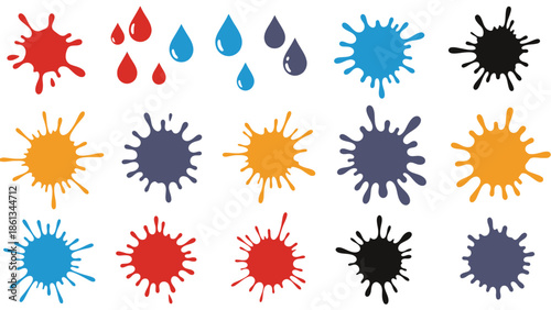 Collection of Colorful Paint Splatters and Liquid Drops on Isolated White Background
