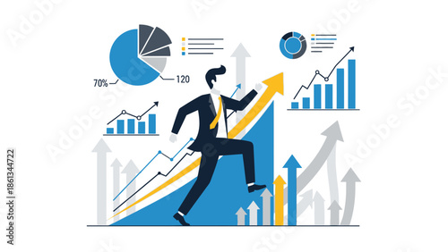 Businessman Running Up Growing Bar Chart with Financial Data Graphs in Bright Studio
