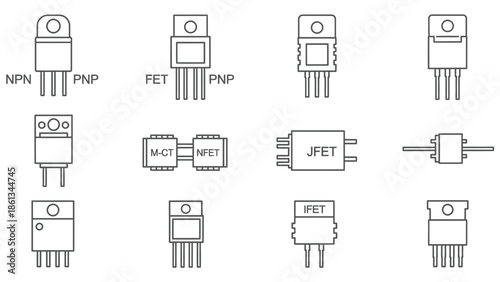 Various Transistor Electronic Symbols including NPN, PNP, FET, and JFET on Isolated White Background