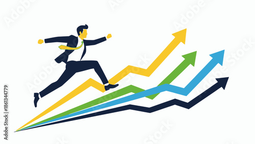 Businessman Running Upwards on Ascending Growth Arrows Symbolizing Business Success on a Bright White Background