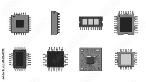 Detailed line art set of microchips and integrated circuit electronic components on an isolated white background.