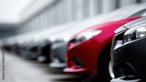 Row of second-hand cars in auto sales lot, dealership business and transportation theme