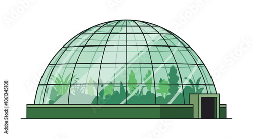 A captivating modern glass dome conservatory housing an extraordinary collection of vibrant green flora, creating a serene and lush indoor botanical