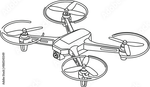 Black and white drone vector outline with quadcopter aerial camera and remote controlled aircraft design