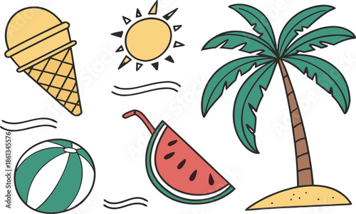 Tropical summer vector illustration set featuring cartoon ice cream icons and beach vacation elements like palm trees, sun, and sand on a sea island background