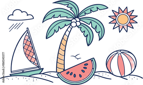 Vector illustration of a tropical summer beach landscape with palms and a ship on the ocean under a paradise sky