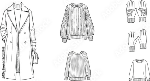 Detailed black and white technical fashion illustration showcasing stylish women's winter outerwear including a long trench coat and various knit sweaters