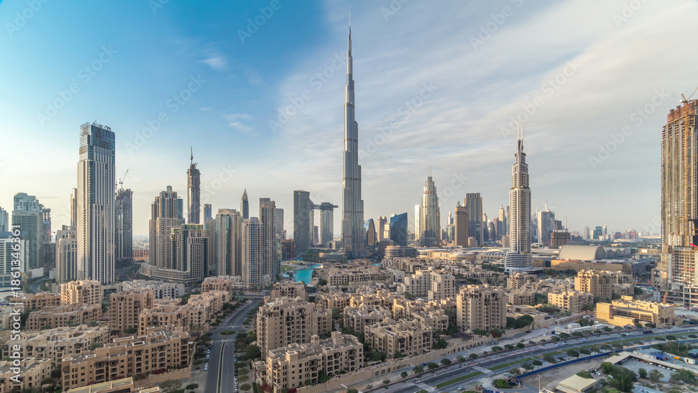 Obraz premium Dubai Downtown skyline timelapse with Burj Khalifa and other towers panoramic view from the top in Dubai