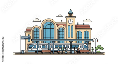 Colorful vector image of busy train station. Modern train awaits passengers. Station building has clock tower, emphasizes efficient public transit.