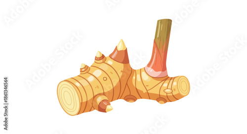 A vivid stylized illustration of a fresh galangal root depicted with clean lines and warm natural tones perfect for culinary or health related