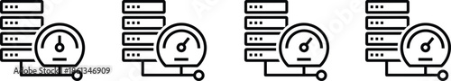 Outline Vector Icon Set Featuring Data Center Servers Paired with Speedometer Gauges for Network Performance and Infrastructure Monitoring