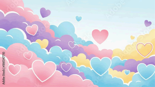 A colorful illustration of hearts floating in the sky surrounded by clouds in pastel shades.