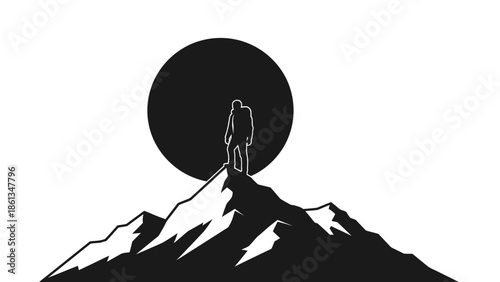 Silhouette of a person standing on a mountain peak against a large circle.