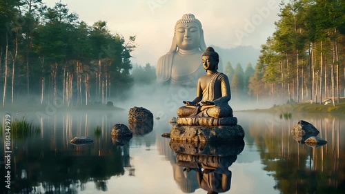 Fitness. Exercise. New Year resolution. Healthy lifestyle theme. A serene, tranquil scene featuring a Buddha statue in a meditative pose.