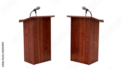 Two wooden podiums with microphones on transparent background