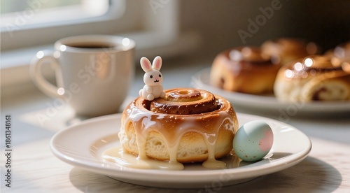 Cinnamon roll with mini bunny figurine and easter egg on sunny breakfast table