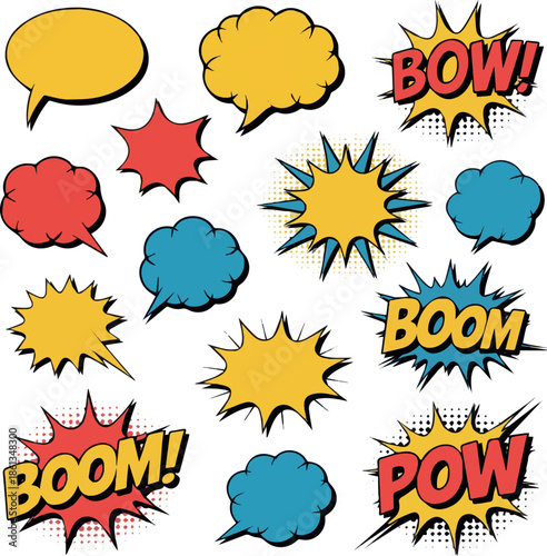 Create Cartoon comic sign burst clouds. Speech bubble, boom sign expression and pop art text frames. Comics mem expressions speech, superhero book bubbles label. Isolated vector symbols set