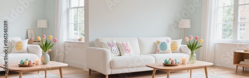 Cozy living room with easter decor and tulip arrangements in soft pastel colors