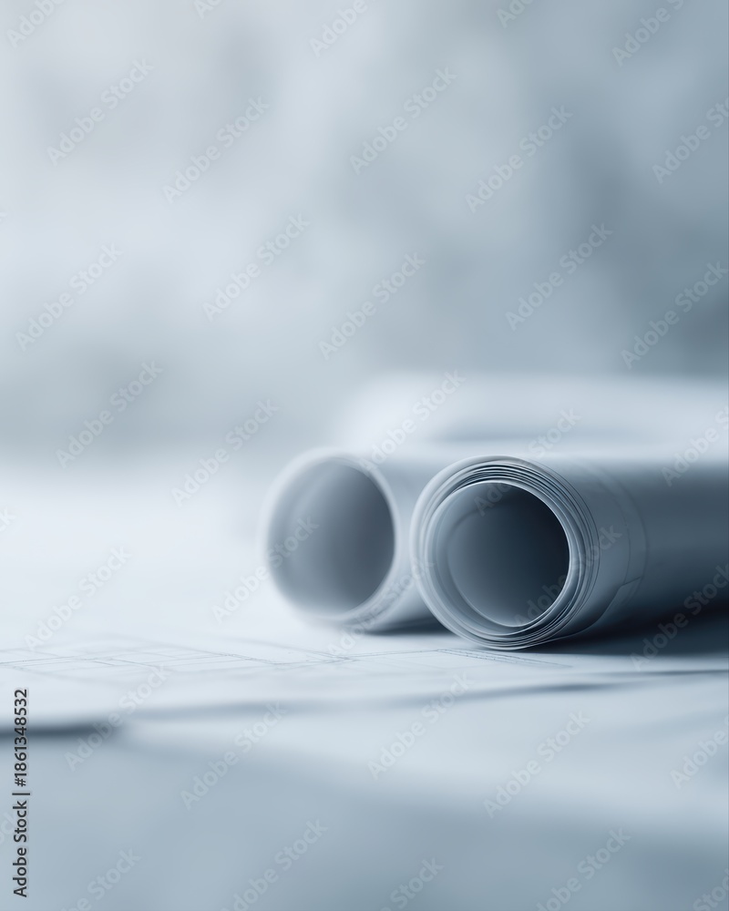 Fototapeta premium Close-up of rolled architectural blueprints and flat technical drawings, precise lines and measurements, modern architecture workspace, minimal and professional background