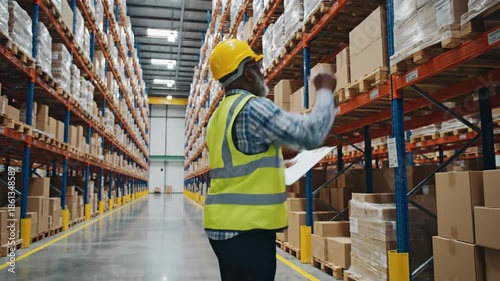 Worker inspecting stock in warehouse storage racks with boxes