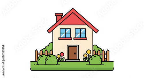 Charming illustrative dwelling featuring a distinctive red gable roof, creamy facade, and a delightful garden with picket fence, verdant shrubs, and