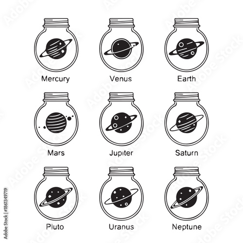 Planets in jars, solar system, space icons