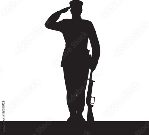 Create silhouette of a soldier man salute with gun on white Background.