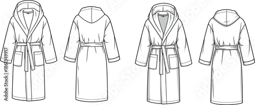 Technical fashion sketch, hooded bathrobe front and back view, garment design, pattern making, apparel illustration, textile concept