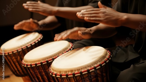 Dynamic drumming performance with rhythmic precision. Three people performing music. Hands playing drum set with hands in focus, capturing the essence of music