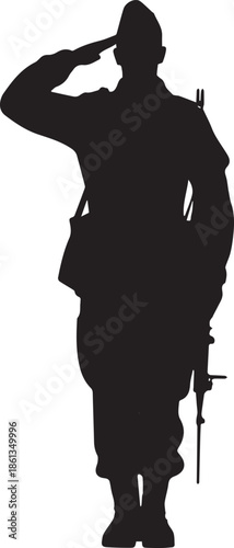 Create silhouette of a soldier man salute with gun on white Background.