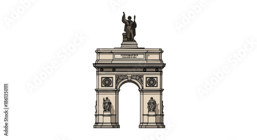Vector art of a grand classical triumphal arch, featuring a heroic statue atop, flanked by detailed sculptures, embodying historical significance