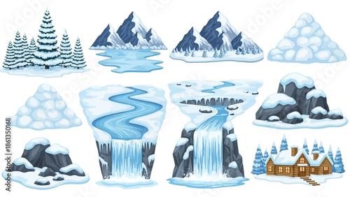 Collection of Wintery Mountain Scenes, Snowy Landscapes, and Frozen Water Features