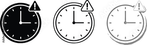Solid and Outline Vector Icon Set Featuring Analog Clocks Paired with Warning Triangle Symbols for Urgent Time Alerts