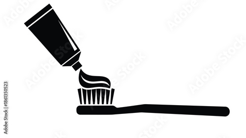 A simple black and white illustration depicting toothpaste being applied onto a toothbrush