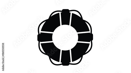 A striking black and white graphic of a circular life preserver or ring buoy design