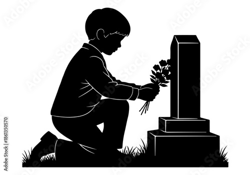 Simple vector illustration of a child mourning at a grave, placing flowers in a quiet act of remembrance, a powerful graphic symbolizing loss and tribute
