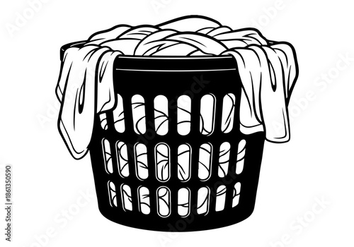 Crisp black and white illustration depicting a full laundry basket overflowing with unwashed clothes, symbolizing common household chores and the daily routine of garment cleaning