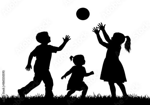 Silhouette of happy children playing with a ball outdoors, illustrating joyful childhood activities and family fun on a sunny day