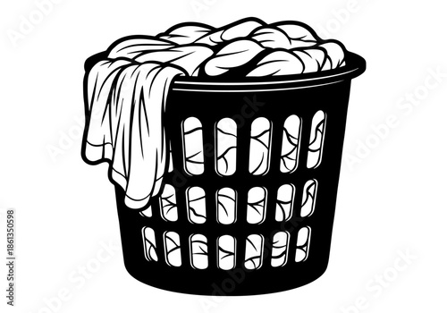 Monochrome illustration of a full laundry basket overflowing with clothes, representing household chores and daily domestic life responsibilities, ready for washing