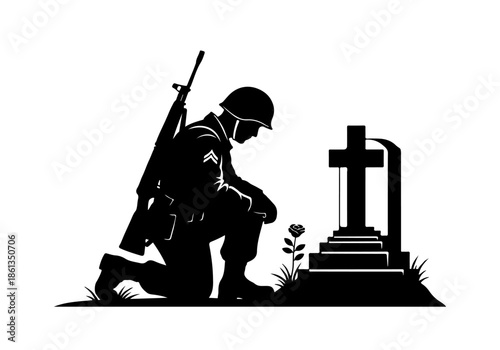 Poignant silhouette of a soldier kneeling at a grave, a solemn illustration symbolizing honor, sacrifice, and remembrance for fallen heroes. Ideal for memorial and military tributes