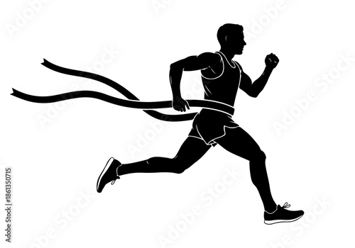 Dynamic silhouette illustration of a determined male athlete crossing the finish line, symbolizing success, achievement, and the exhilarating triumph of competitive sports