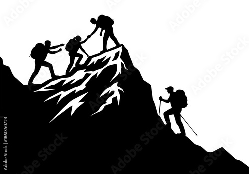 Collaborative mountain climbing journey depicting teamwork and determination towards achieving peak success, overcoming challenges with collective effort and ambition