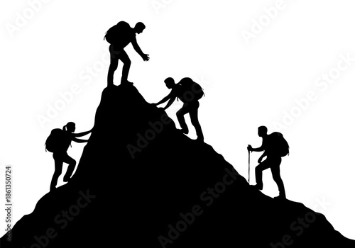 Silhouette of ambitious hikers scaling a rugged mountain peak, demonstrating powerful teamwork, perseverance, and shared journey towards achieving their ultimate summit goal and overcoming challenges
