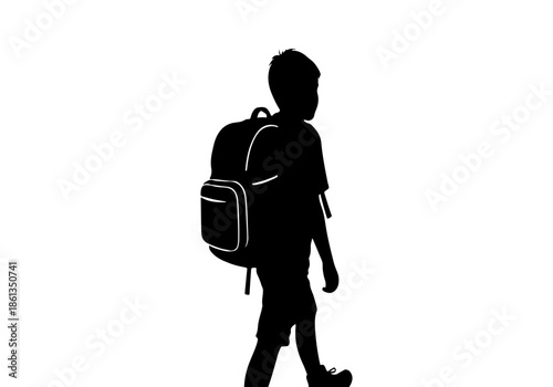 Silhouette of a young child walking with a backpack, representing the journey of education and early school experiences in a simple, graphic vector illustration