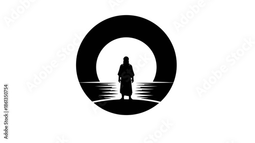 Silhouette of a person standing in a circular frame.