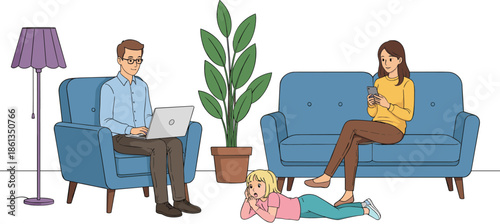 Family Spending Time At Home With Parents Using Devices And Child Playing Cartoon Vector Illustration