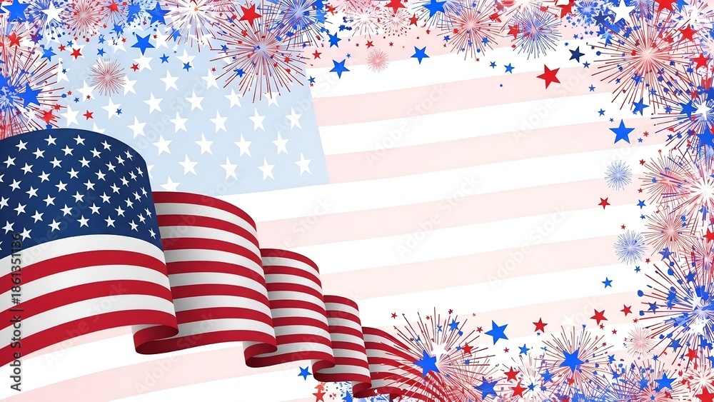 Obraz premium Festive Patriotic Background with Waving American Flags, Stars, and Fireworks
